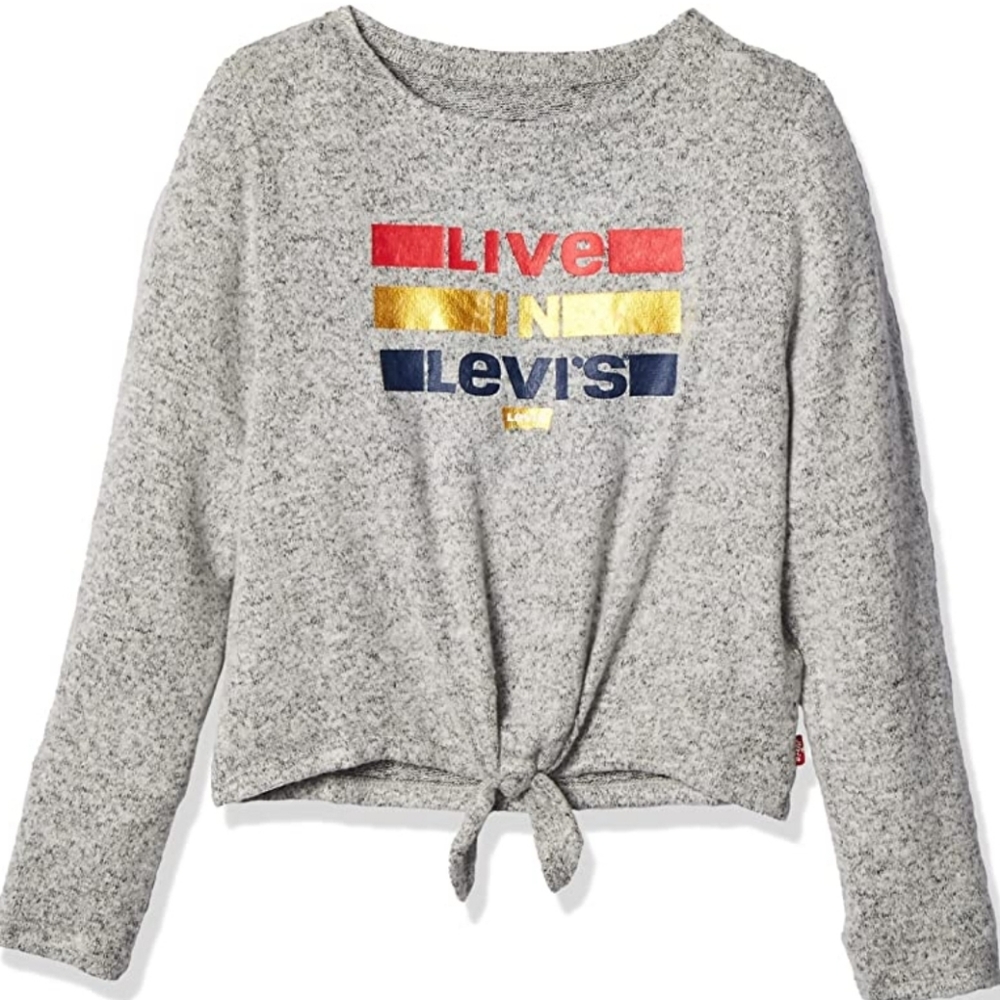 Levi's Girls' Long Sleeve Front Tie Tee, Medium (10-12 YRS), Light Grey, EUC